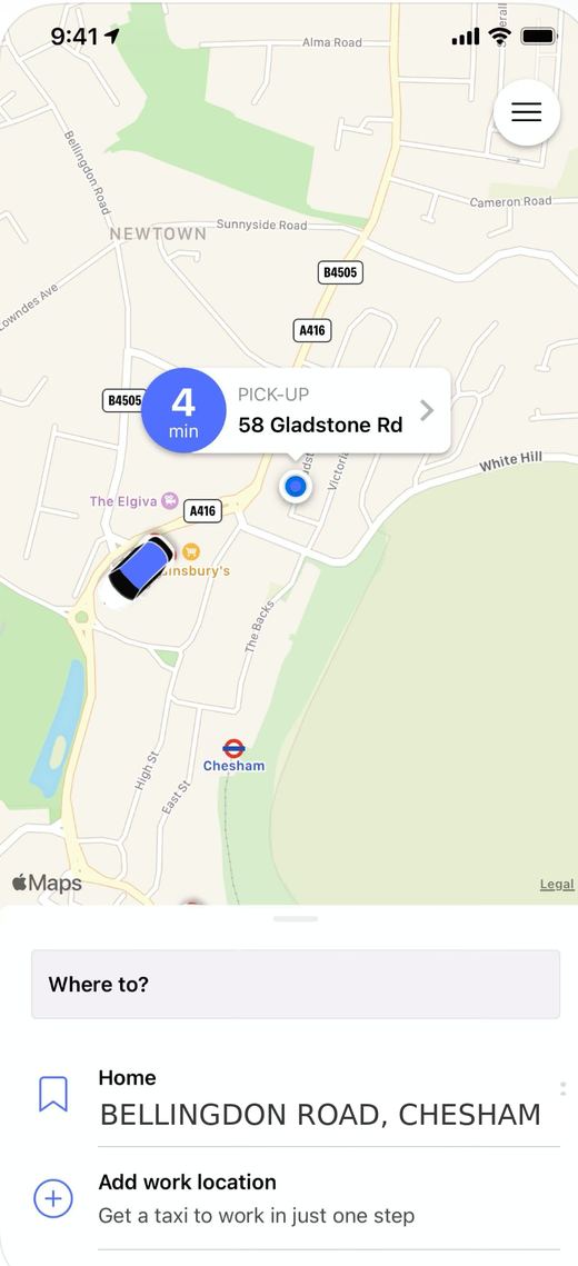 The Gilberts booking app showing live driver tracking in Chesham